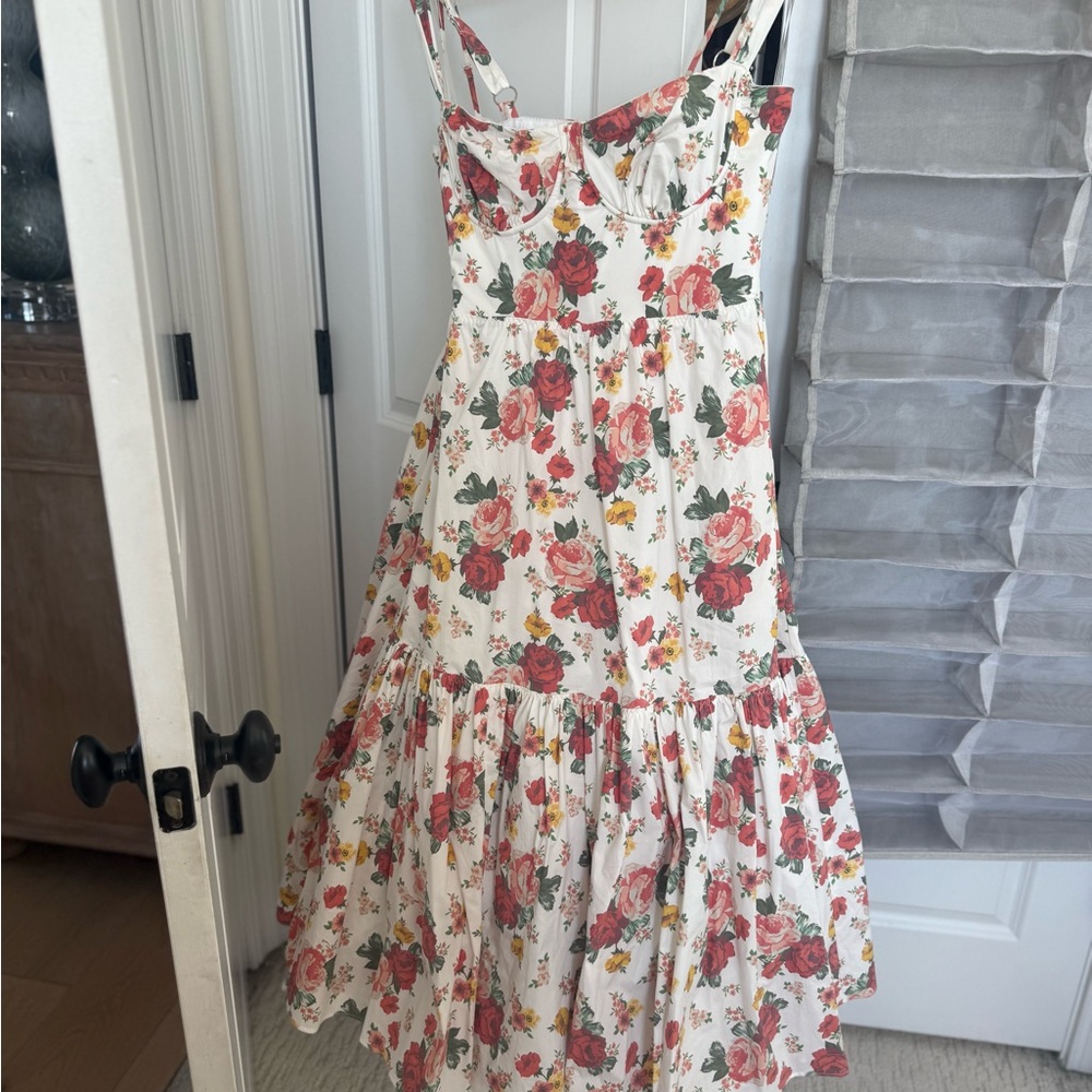 House of CB Floral Midi Dress in Red and Green on Cream D cup NWOT